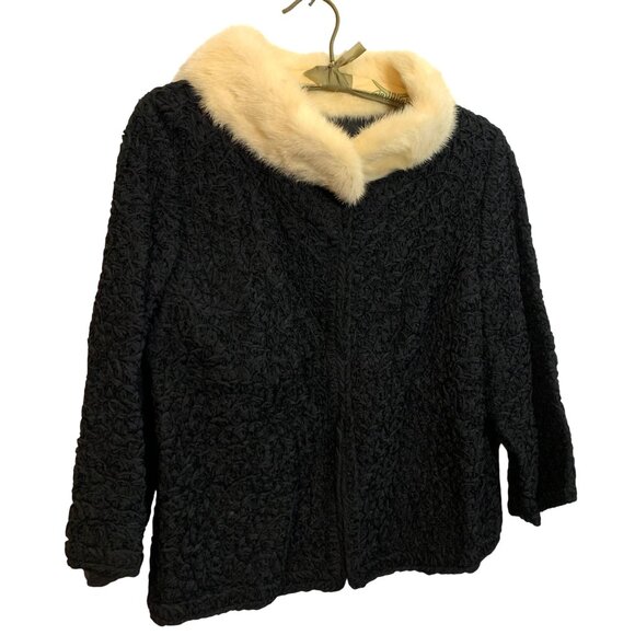 VTG Saks Fifth Avenue Black Boucle Jacket Cream Fur Collar Womens Size S/M - Picture 8 of 11